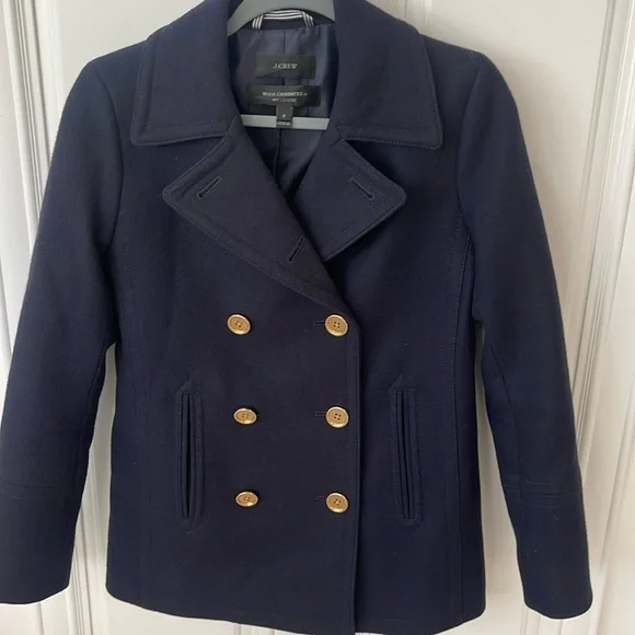 J. Crew Nello Gori Wool Cashmere Navy Bluee double breasted pea coat sz 0 - Picture 4 of 12